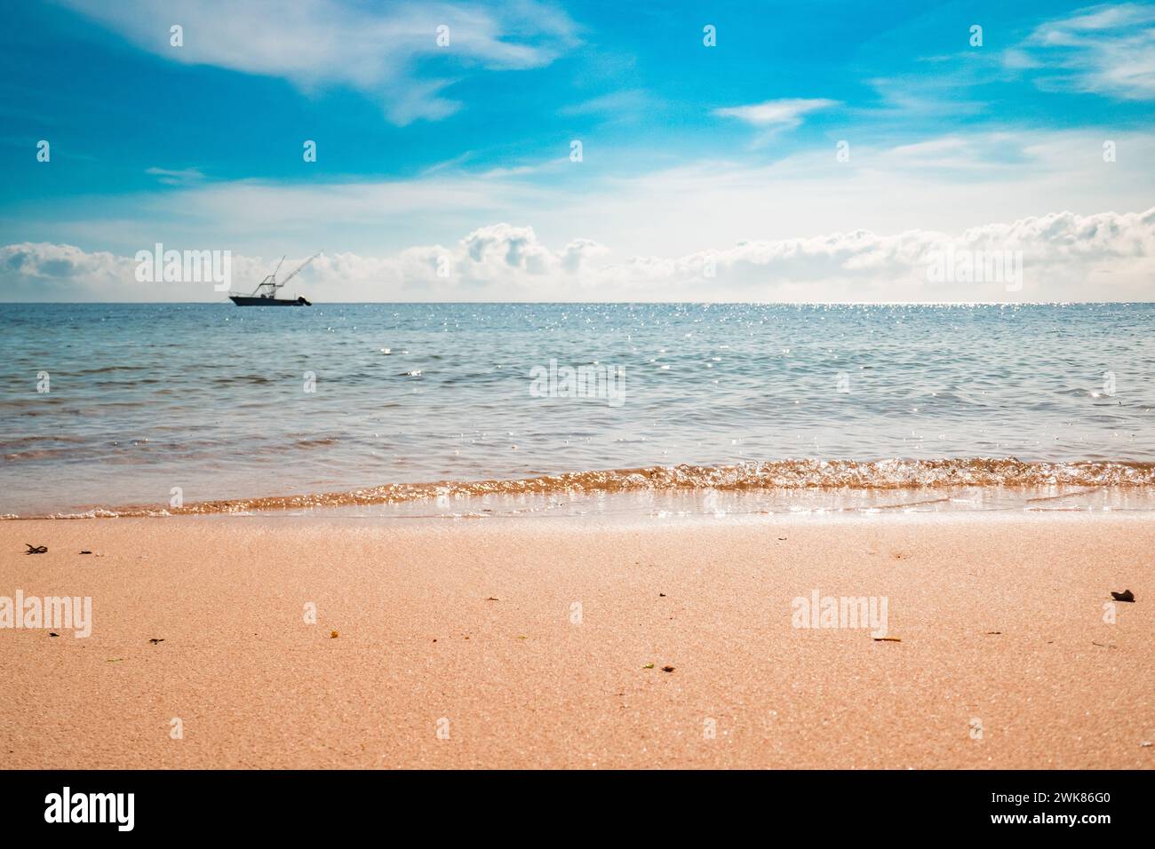 Fishing boats at the shore of Malindi Beach in Malindi Marine National Park, Kenya Stock Photo