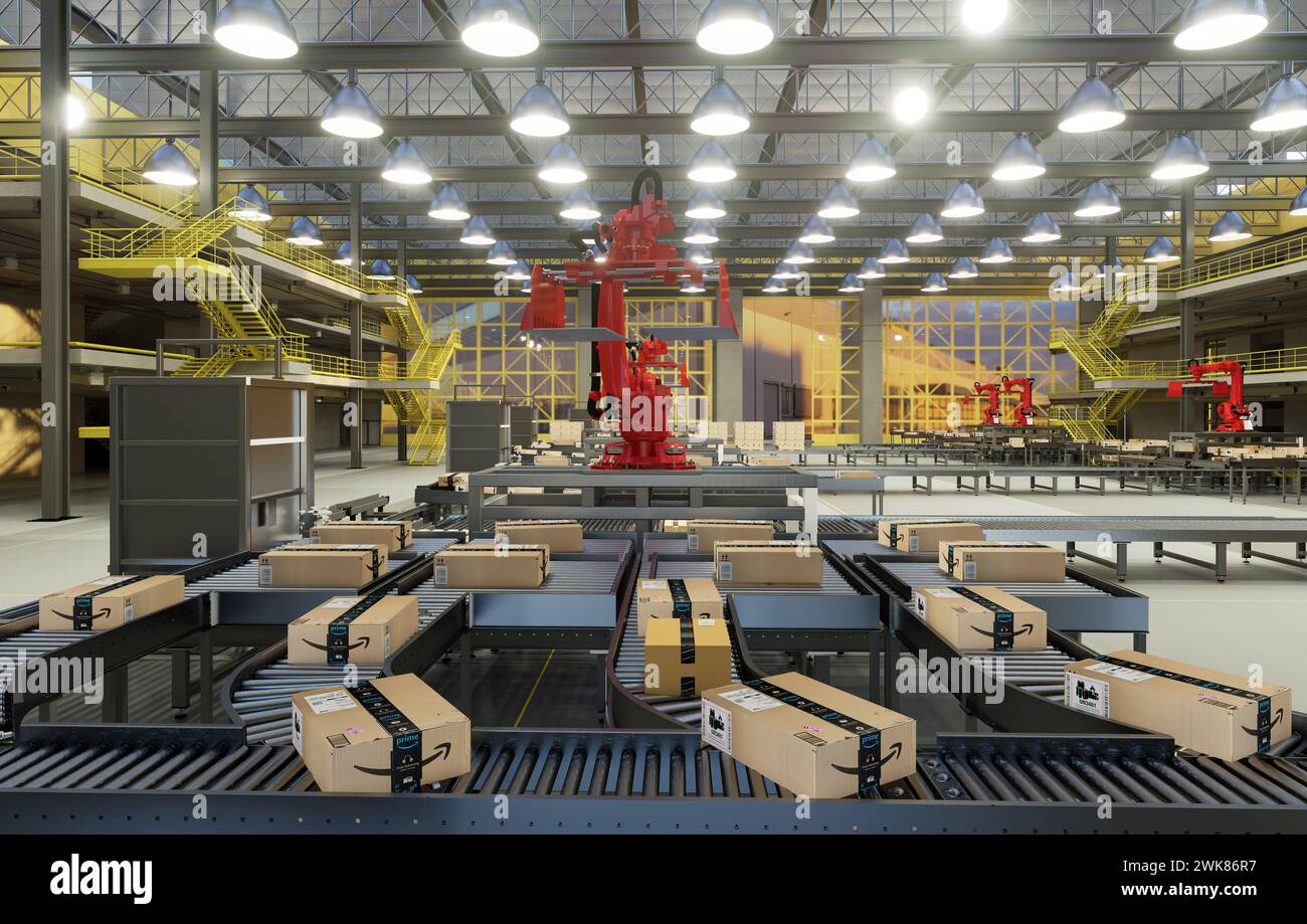 Szczecin,Poland-February 2024:Robotised conveyor belt hall at Amazon logistics centre - an artist's vision.3D Render. Stock Photo