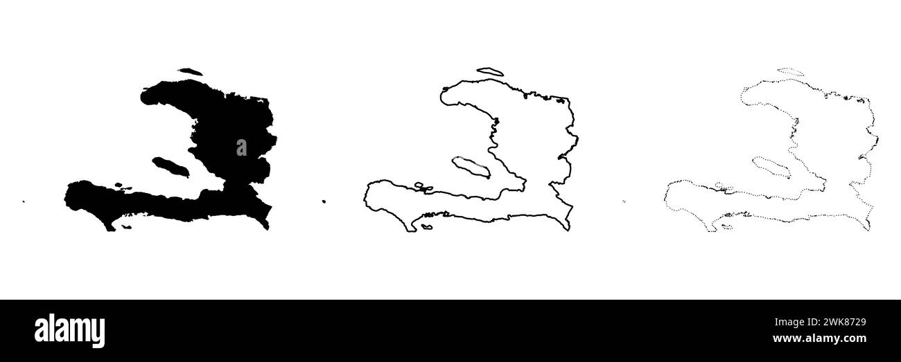 Haiti country silhouette. Set of 3 high detailed maps. Solid black silhouette, thick black outline and thin black outline. Vector illustration isolated on white background. Stock Vector
