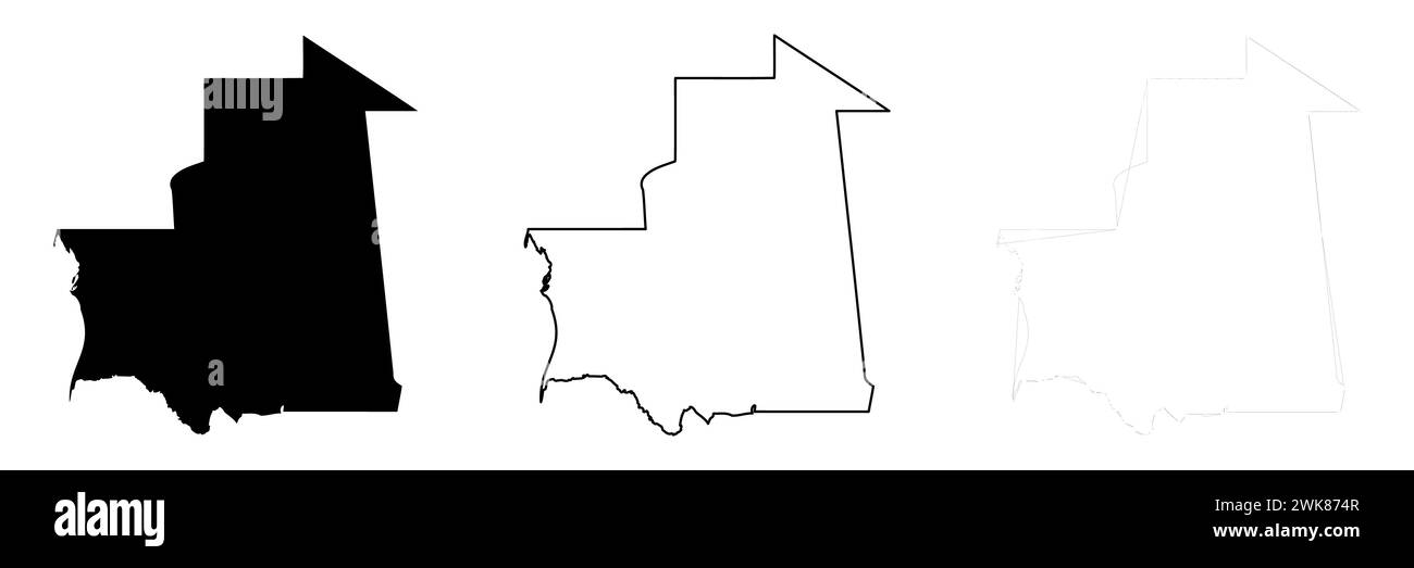 Mauritania country silhouette. Set of 3 high detailed maps. Solid black silhouette, thick black outline and thin black outline. Vector illustration isolated on white background. Stock Vector