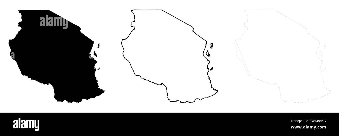 Tanzania country silhouette. Set of 3 high detailed maps. Solid black ...