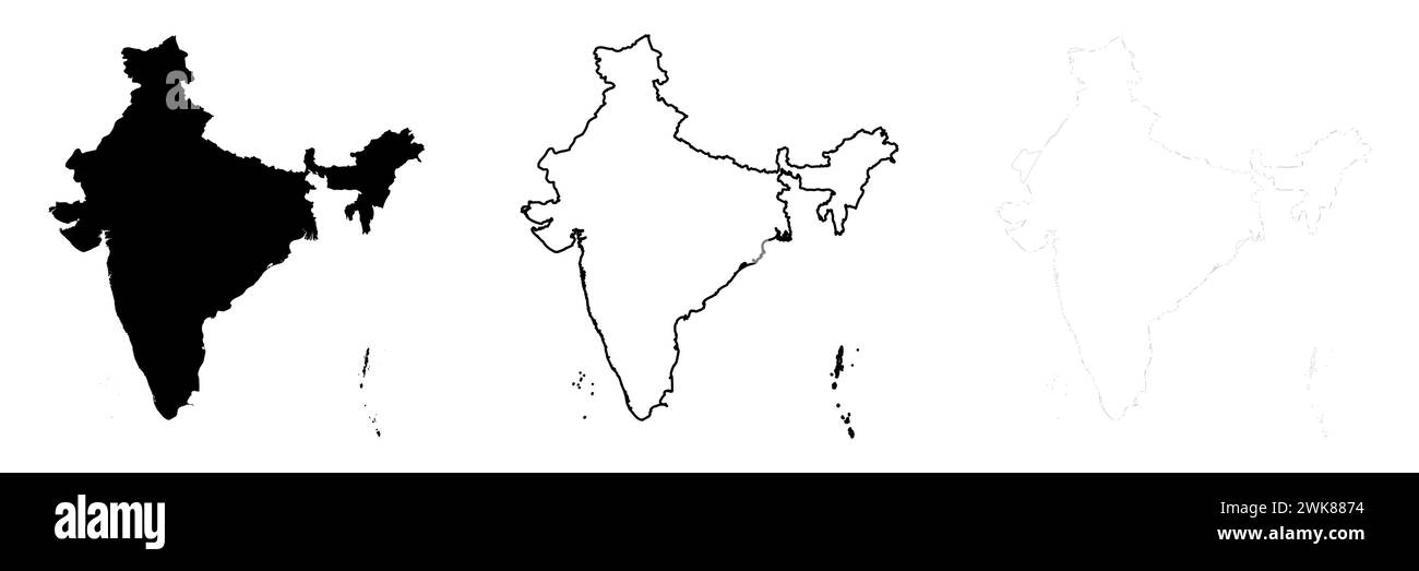 India country silhouette. Set of 3 high detailed maps. Solid black silhouette, thick black outline and thin black outline. Vector illustration isolated on white background. Stock Vector