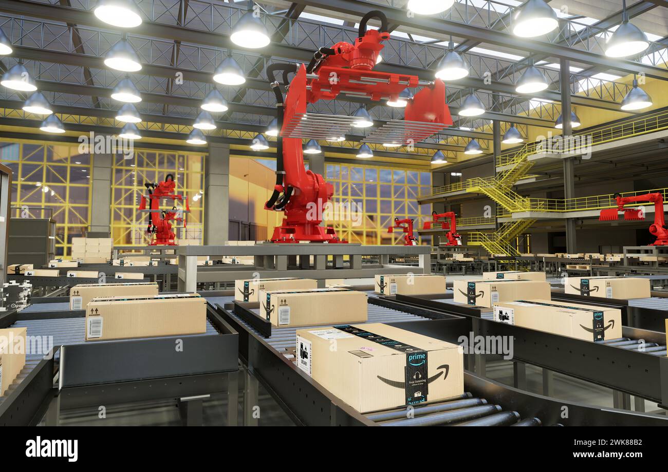 Szczecin,Poland-February 2024:Robotised conveyor belt hall at Amazon logistics centre - an artist's vision.3D Render. Stock Photo