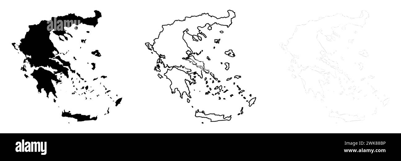 Greece country silhouette. Set of 3 high detailed maps. Solid black
