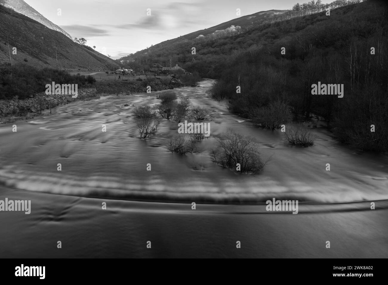 The Afon Elan (river elan) flowing through the Elan Valley towards Rhayader, Powys Wales UK. January 2024 Stock Photo