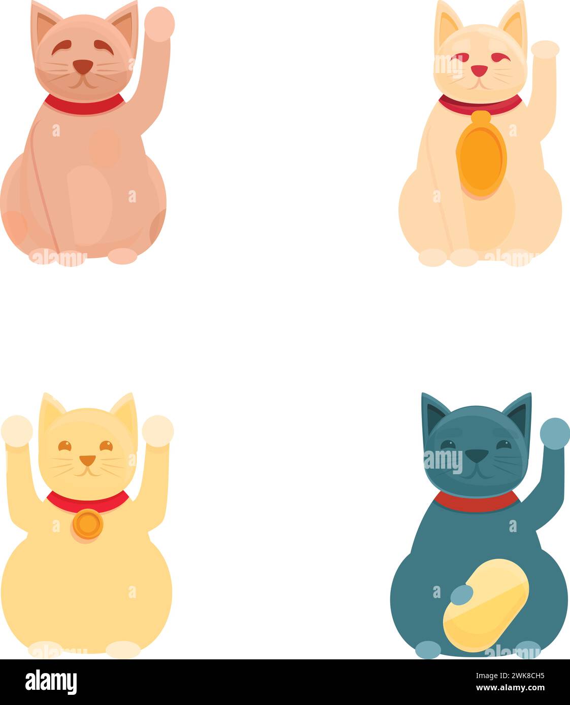 Lucky cat icons set cartoon vector. Japanese cat maneki neko with raised paw. Asian figurine for good luck Stock Vector