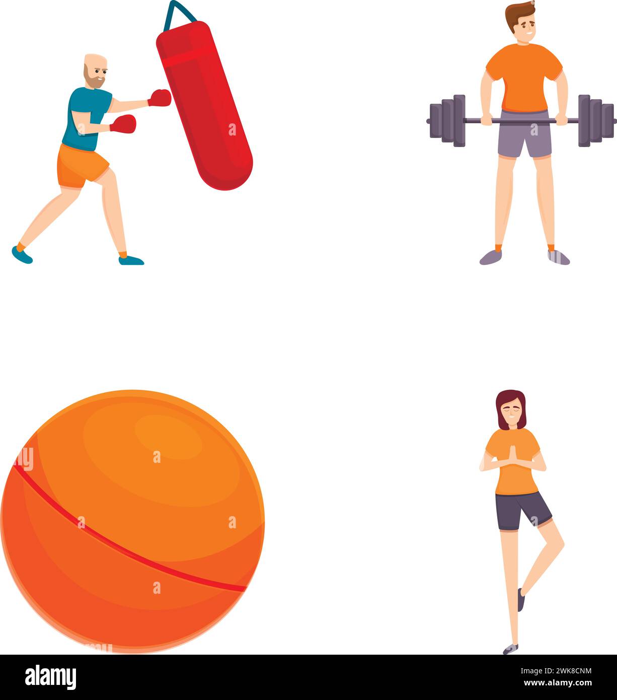 Workout icons set cartoon vector. People doing sport or physical ...