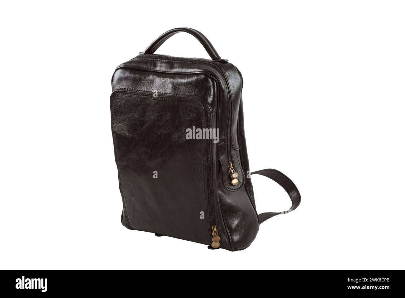 Black leather backpack isolated on white background Stock Photo