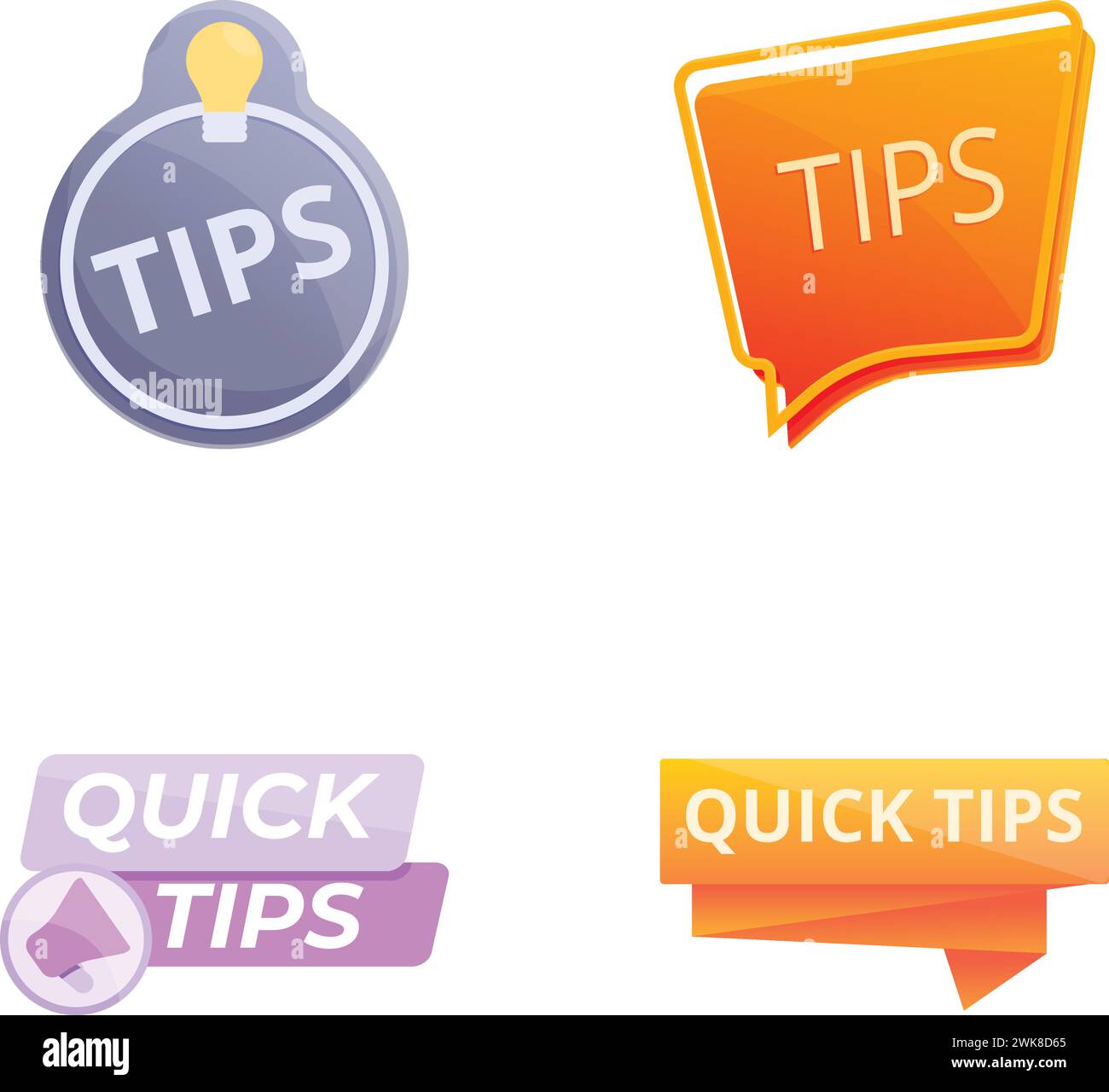 Quick tips icons set cartoon vector. Quick tips badge, emblem, label and sticker. Helpful advice, solution Stock Vector