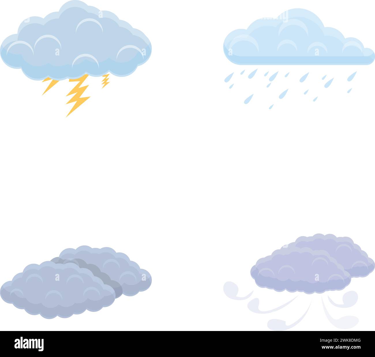 Weather icons set cartoon vector. Various cloud with rain, thunderstorm and wind. Meteorology, weather condition Stock Vector
