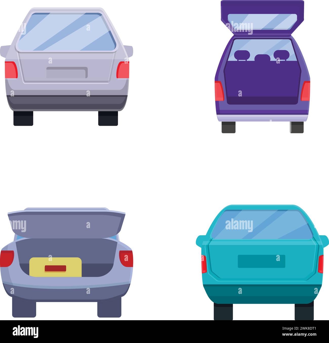 Minivan trunk icons set cartoon vector. Various automobile with open trunk. Back view Stock Vector