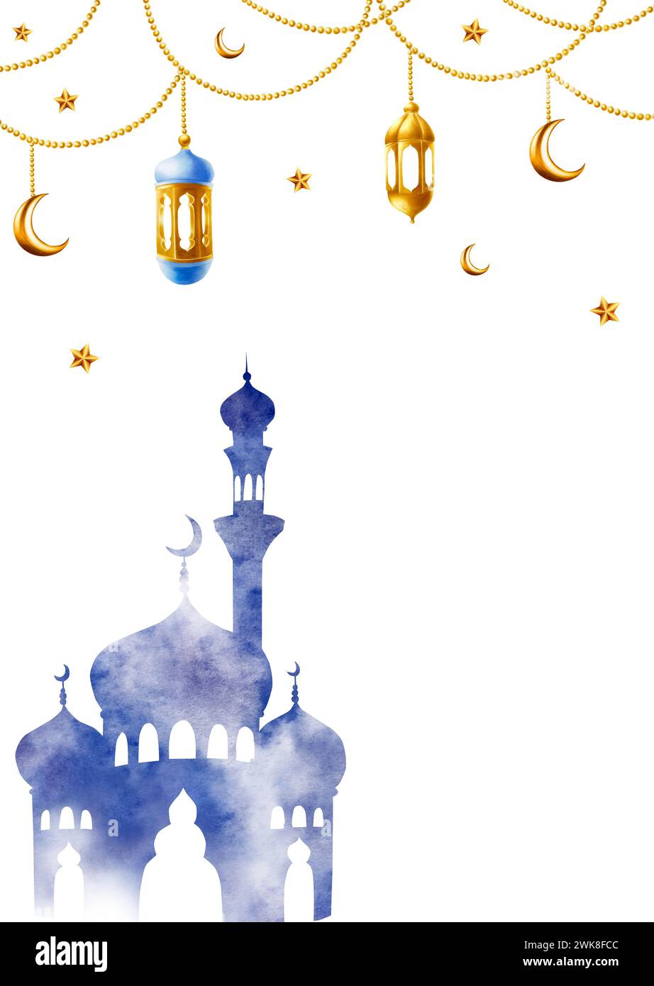 Watercolor Islamic arabian postcard, frame with silhouette of mosque and minaret, golden crescent moon, stars on a gold chains, lanterns illustration Stock Photo