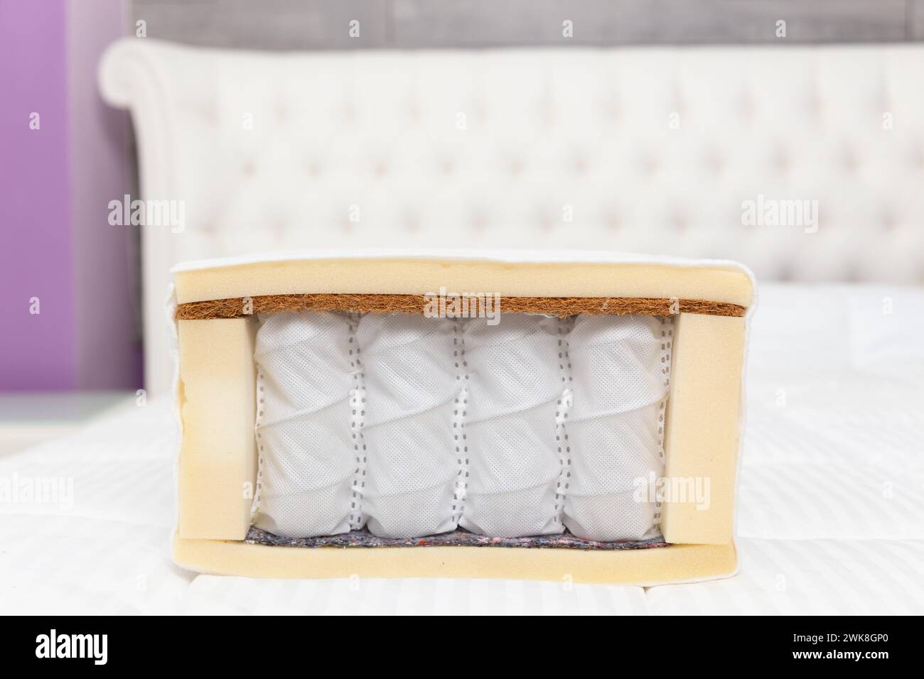 Sample of modern orthopedic mattress on textile. Mattress in section with springs on white background. Part of the mattress for familiarization with t Stock Photo
