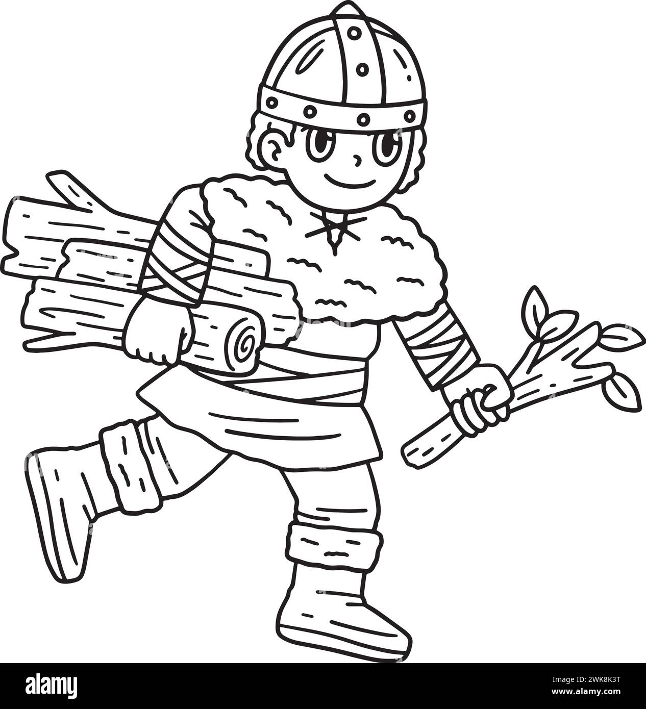 A cute and funny coloring page of a Viking Child Gathering Logs. Provides hours of coloring fun for children. To color, this page is very easy. Suitab Stock Vector