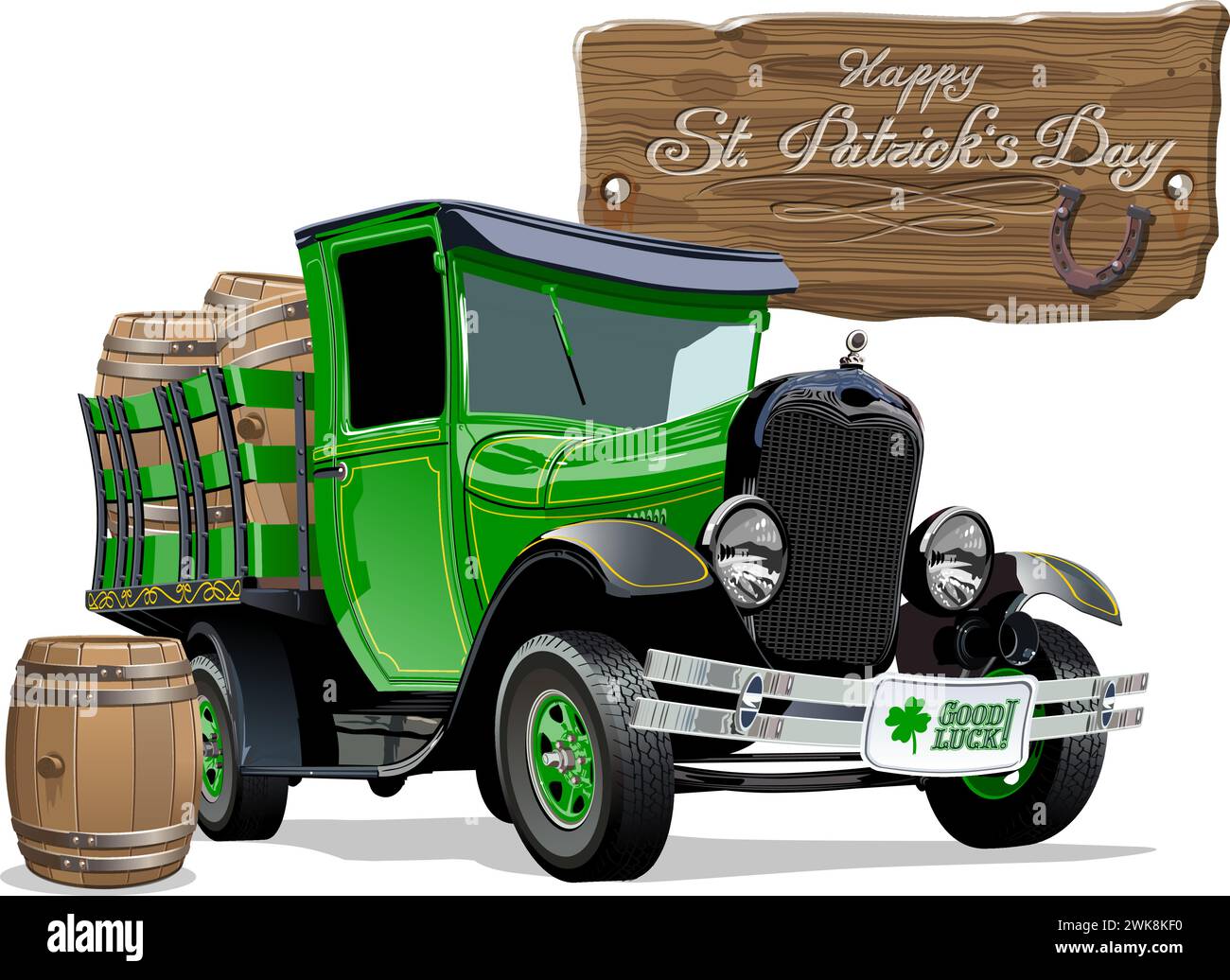 Vector vintage cartoon truck with beer barrels for Happy Saint Patricks Day Irish celebration design. Beer festival lettering on wood board. EPS-10 se Stock Vector