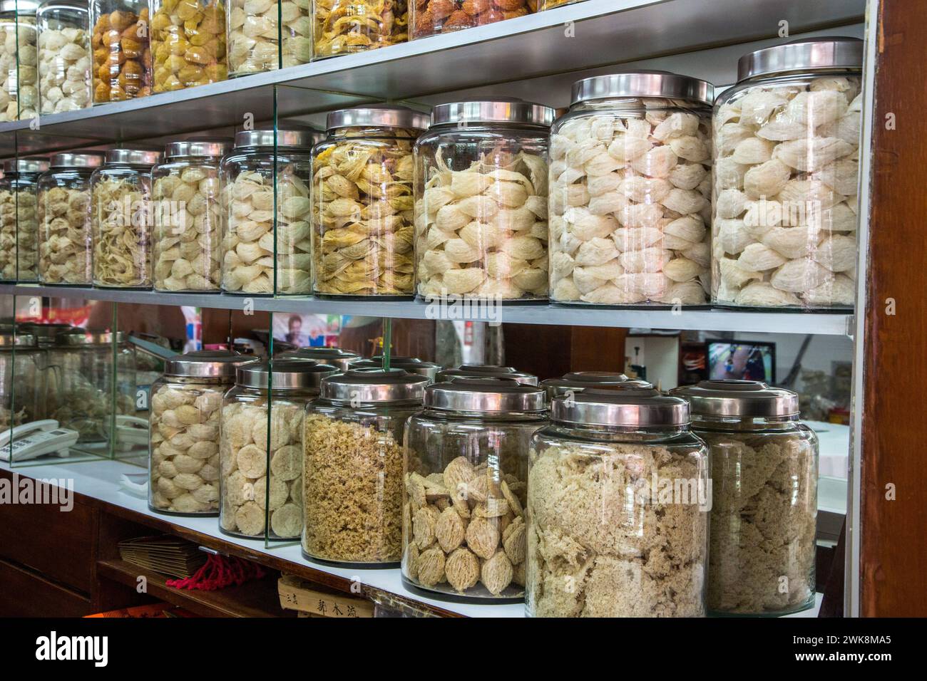 Jars of bird nests to make bird nest soup for sale in a shop in Hong