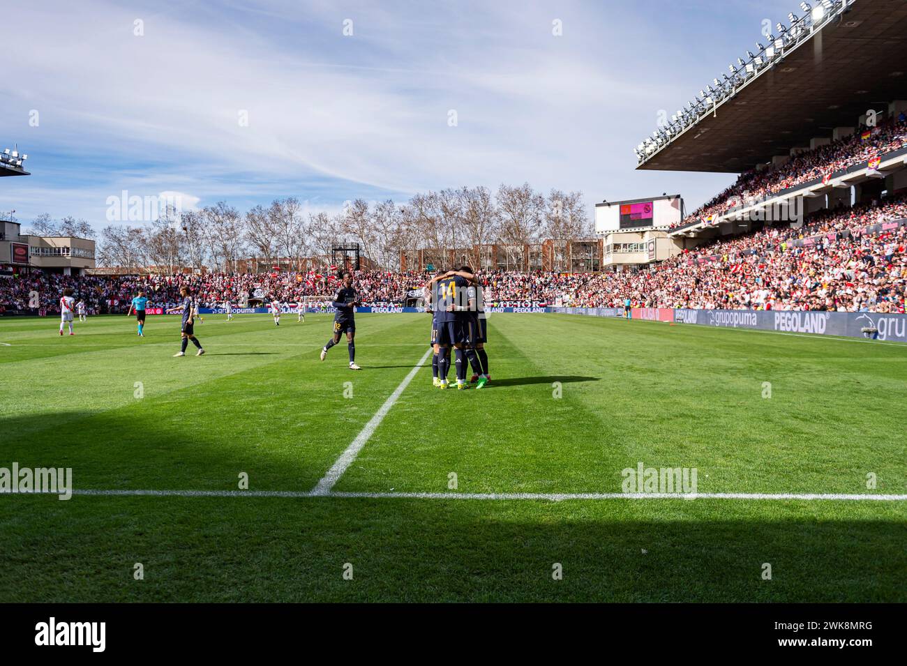 Jose Luis Sanmartin Mato (Joselu) (C) of Real Madrid celebrates a goal with his teammates (from L to R) Lucas Vazquez, Vinicius Junior, Fran Garcia and Nacho Fernandez during the La Liga EA Sports 2023/24 football match between Rayo Vallecano and Real Madrid at Estadio Vallecas. Rayo Vallecano 1 : 1 Real Madrid (Photo by Alberto Gardin / SOPA Images/Sipa USA) Stock Photo