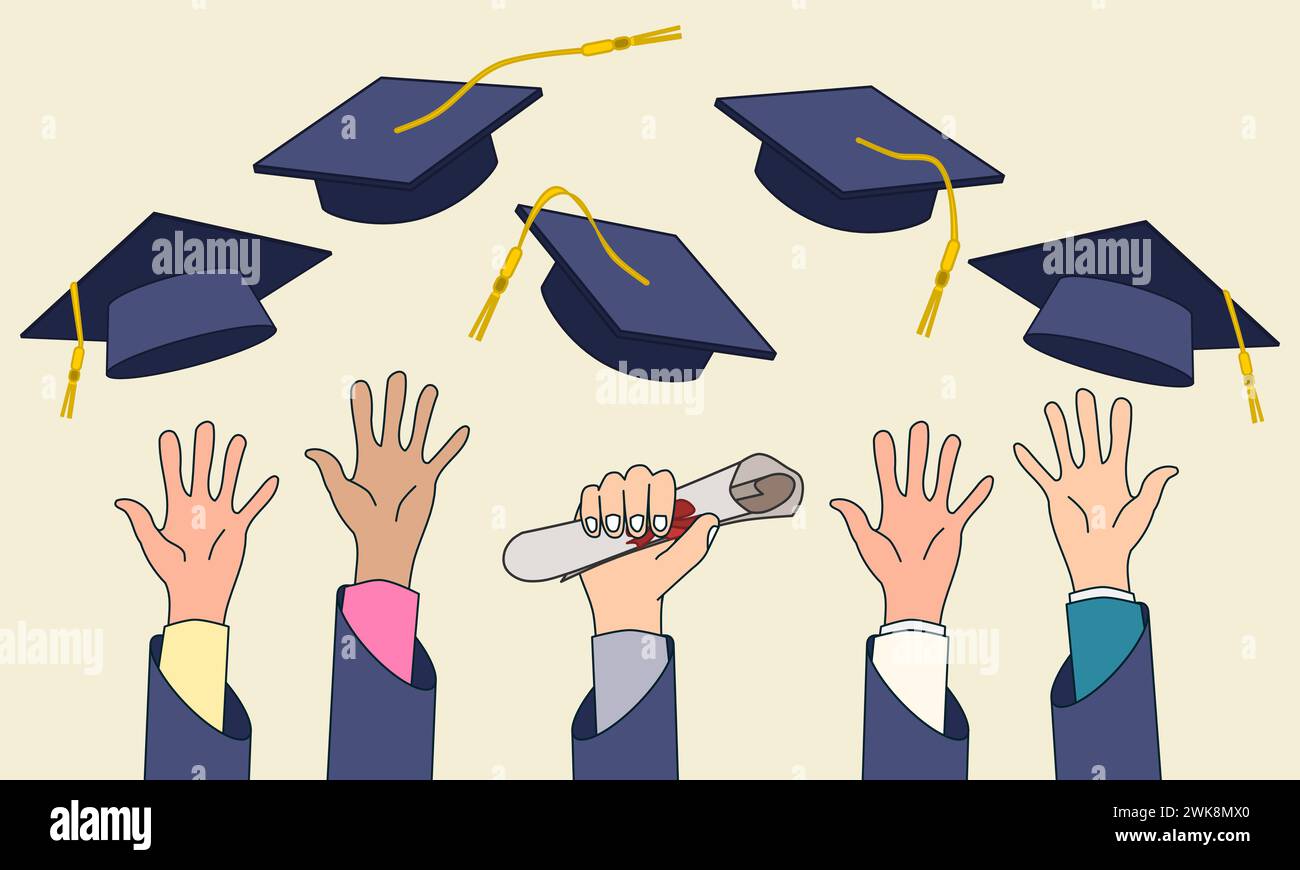 Student hands throwing graduation hats in the air. Vector illustration