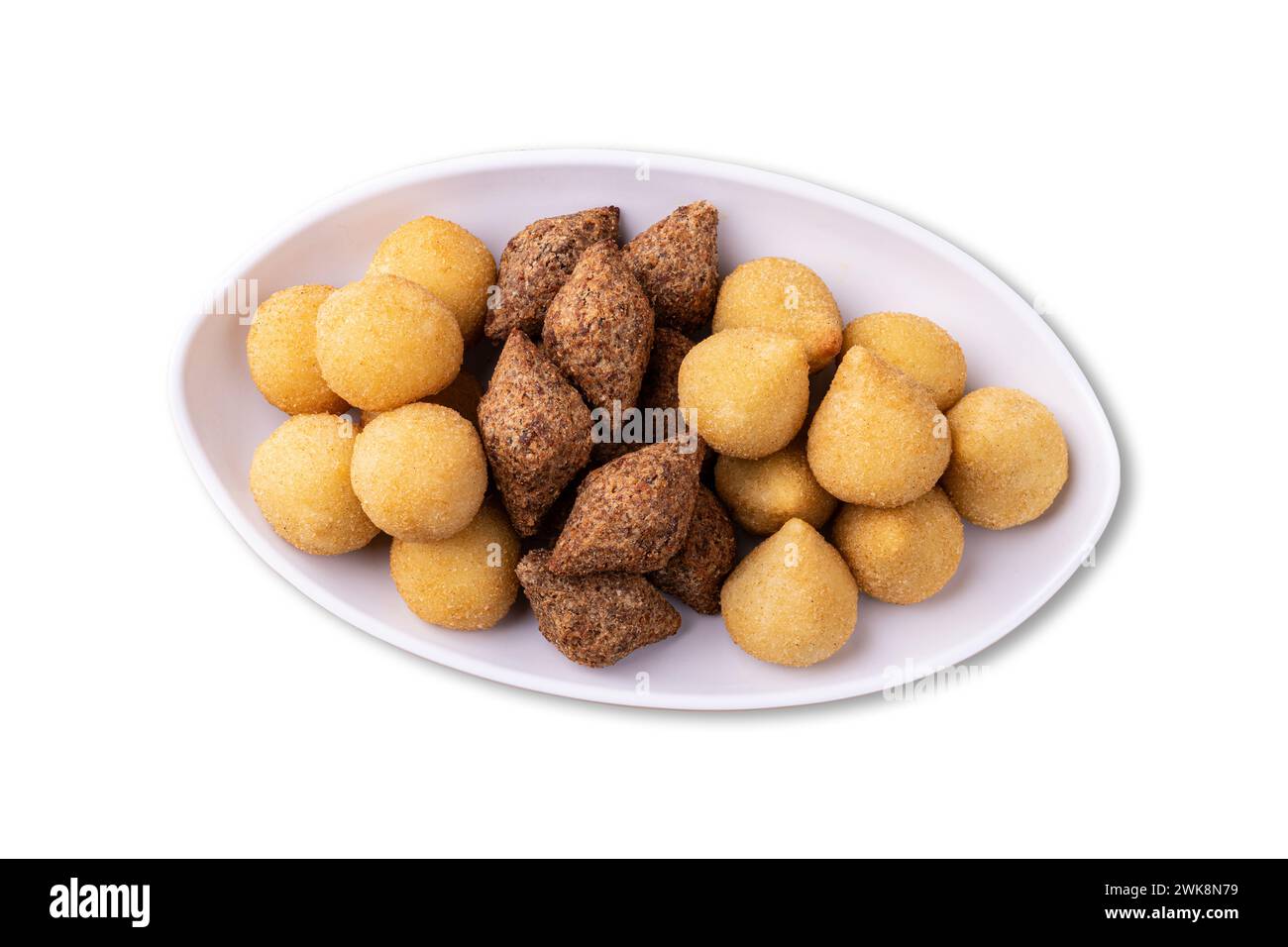 Coxinha, kibbeh and cheese balls, typical brazilian snacks isolated over white background. Stock Photo