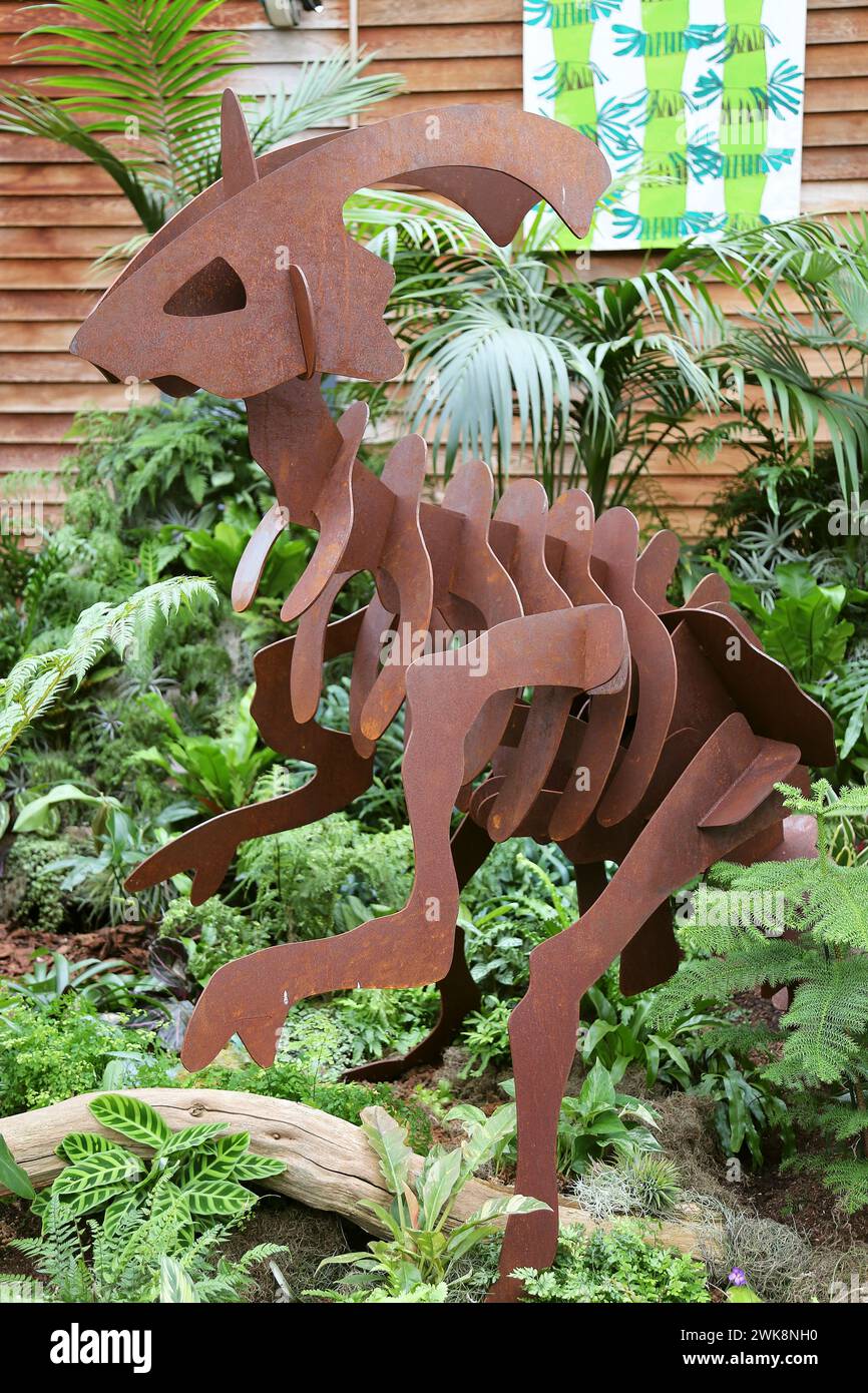 Parasaurolophus sculpture, Houseplant Takeover 2024: Plants Before Time, Glasshouse, RHS Garden Wisley, Woking, Surrey, England, UK, Europe Stock Photo