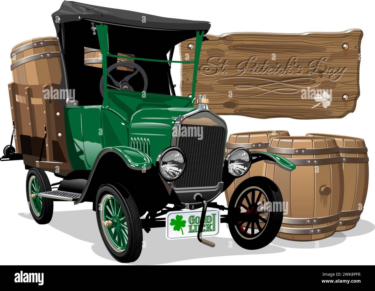 Vector vintage cartoon truck with beer barrels for Happy Saint Patricks Day Irish celebration design. Beer festival lettering on wood board. EPS-10 se Stock Vector