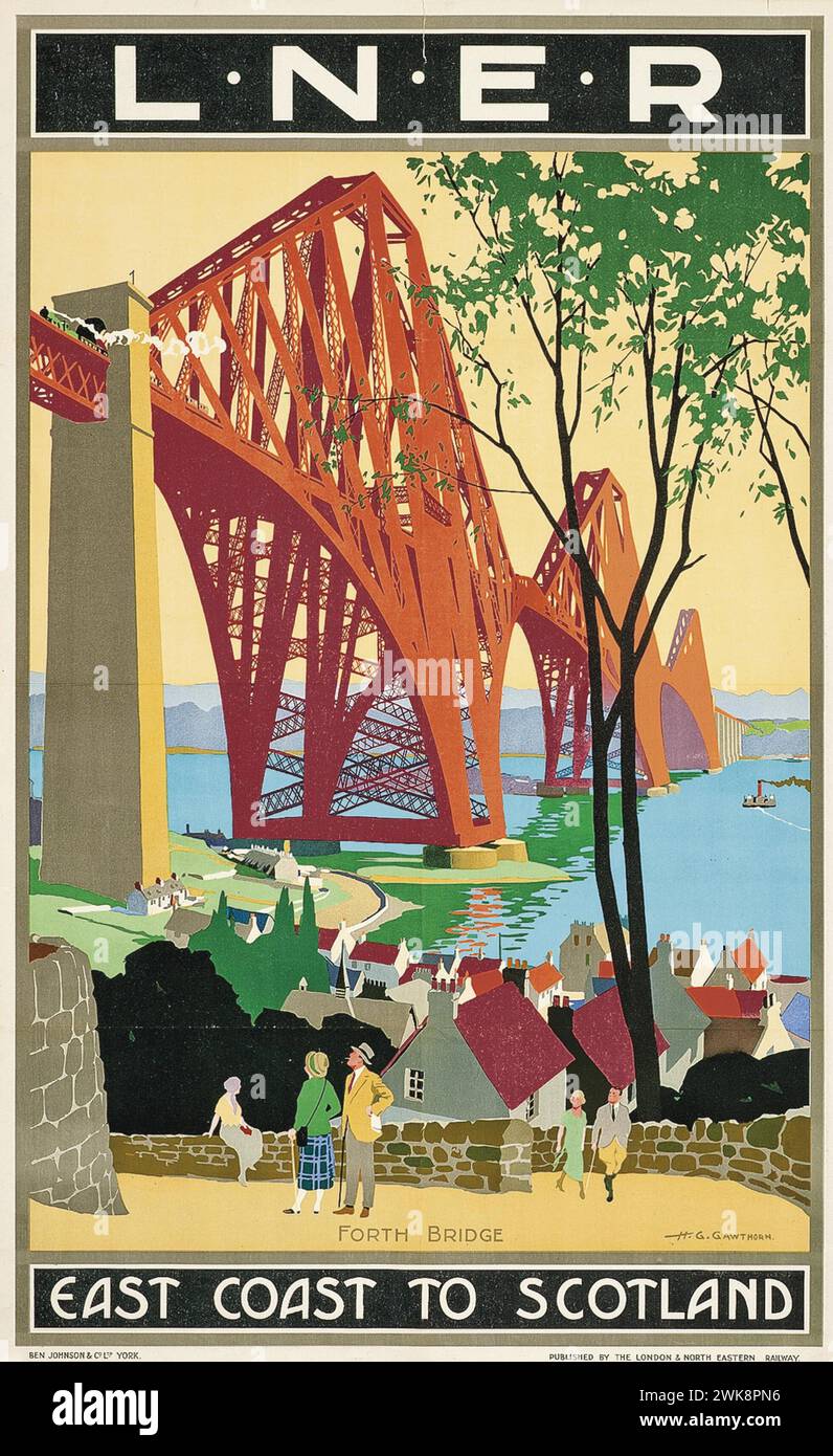 Vintage Train Travel Poster for LNER railways, East Coast to Scotland, showing the Forth Bridge by Henry George Gawthorn Stock Photo