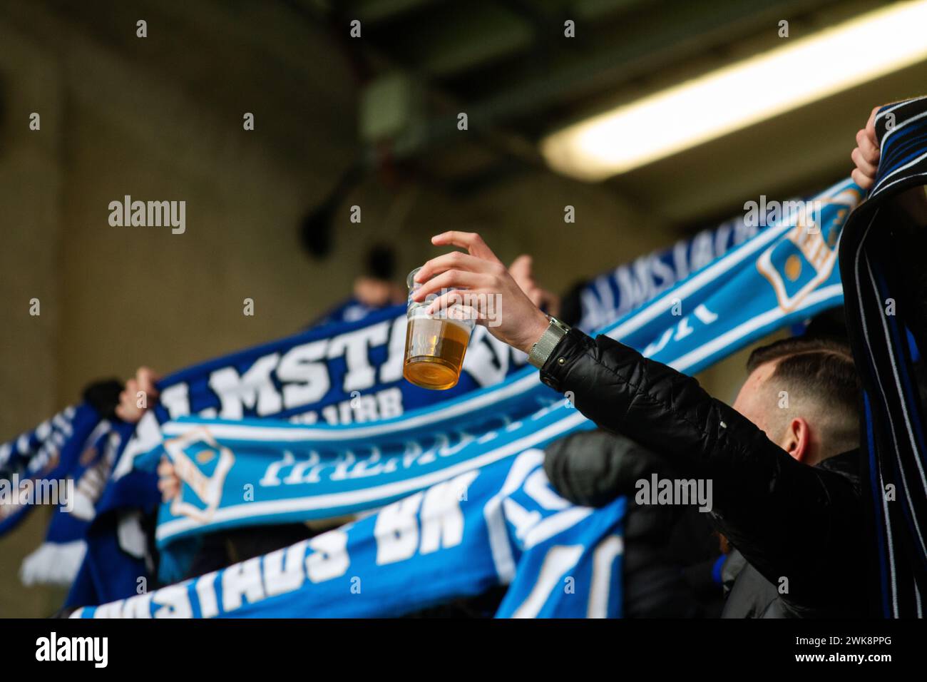 Gothenburg, Sweden. 18th, February 2024. Football fans of Halmstad BK seen on the stands during the Svenska Cup match between Halmstads BK and Helsingborg at Bravida Arena in Gothenburg. (Photo credit: Gonzales Photo - Amanda Persson). Stock Photo