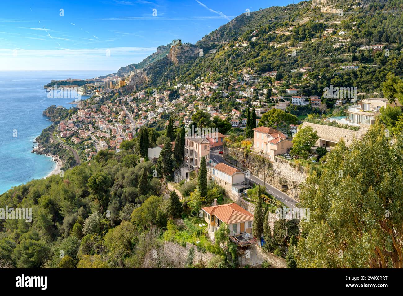 Looking down onto the rooftops of the pretty town of Roquebrune-cap-Martin. Clinging to the hillside on the French Riviera, Cote d'Azur, France. Stock Photo
