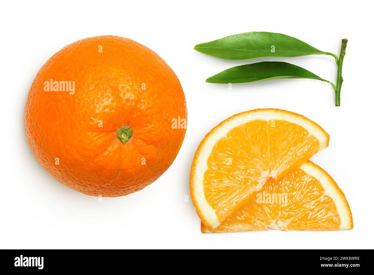 Orange fruit with slices isolated on white background. Top view. Flat lay. Stock Photo
