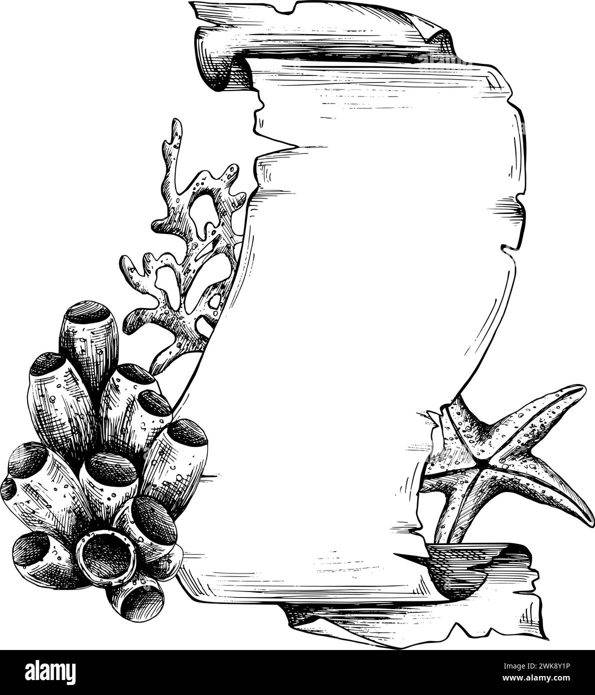 Papyrus curled scroll blue color with jagged edges, space for text with