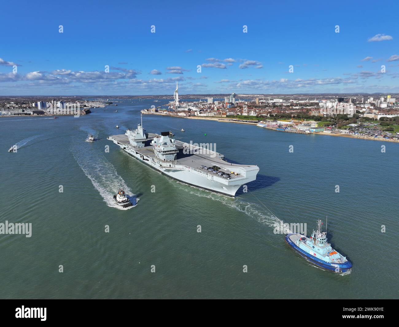 Portsmouth, UK - 12 Feb 2024 HMS Prince of Wales departs Portsmouth after a 24 hour delay on route to join in NATO exercises. Stock Photo