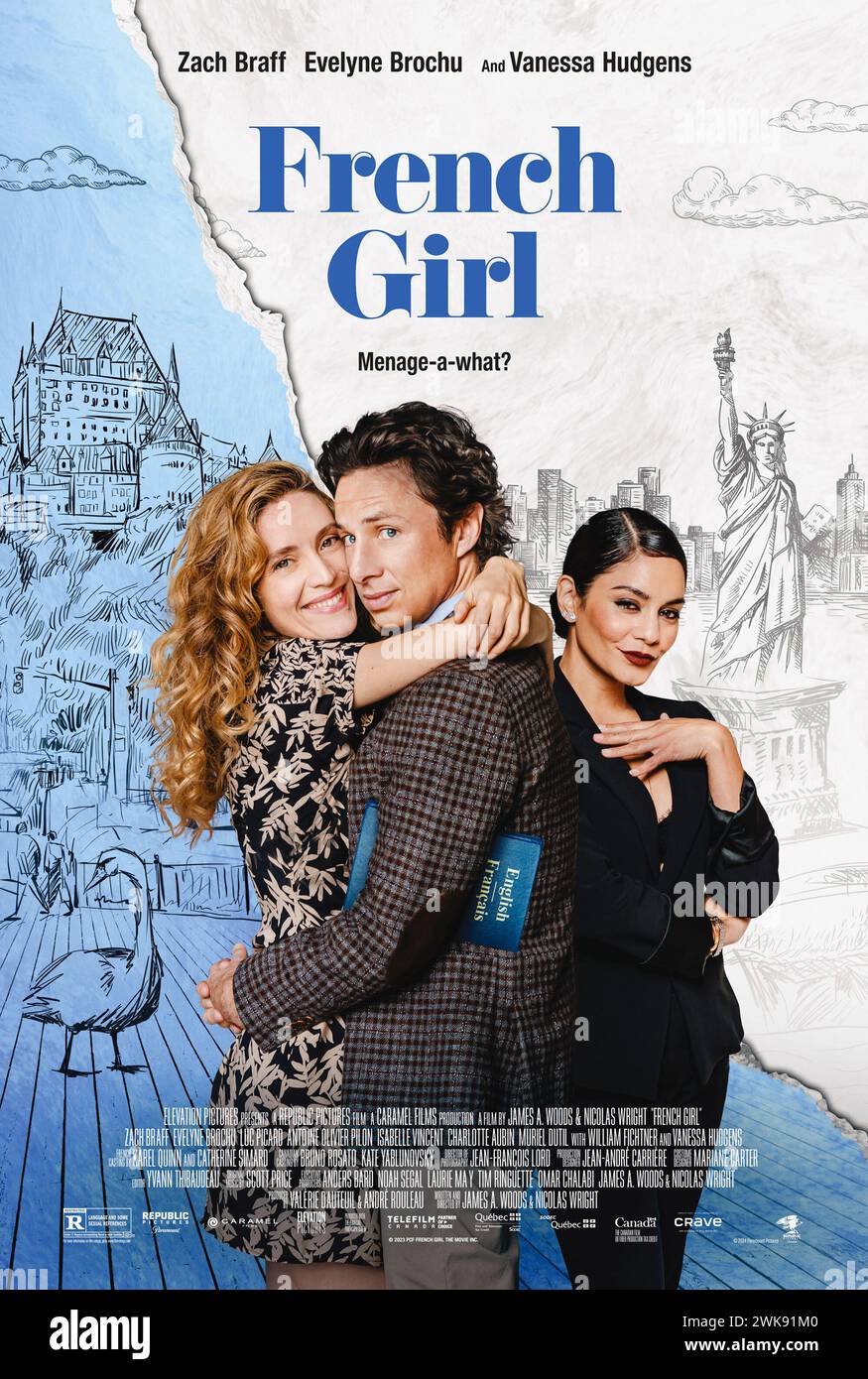 French Girl (2024) directed by James A. Woods and Nicolas Wright and starring Zach Braff, Vanessa Hudgens and William Fichtner. A hopeless romantic finds his proposal plans thrown into chaos when his girlfriend is offered a job by her ex lover, a renown female chef. US one sheet poster ***EDITORIAL USE ONLY***. Credit: BFA / Paramount Pictures Stock Photo