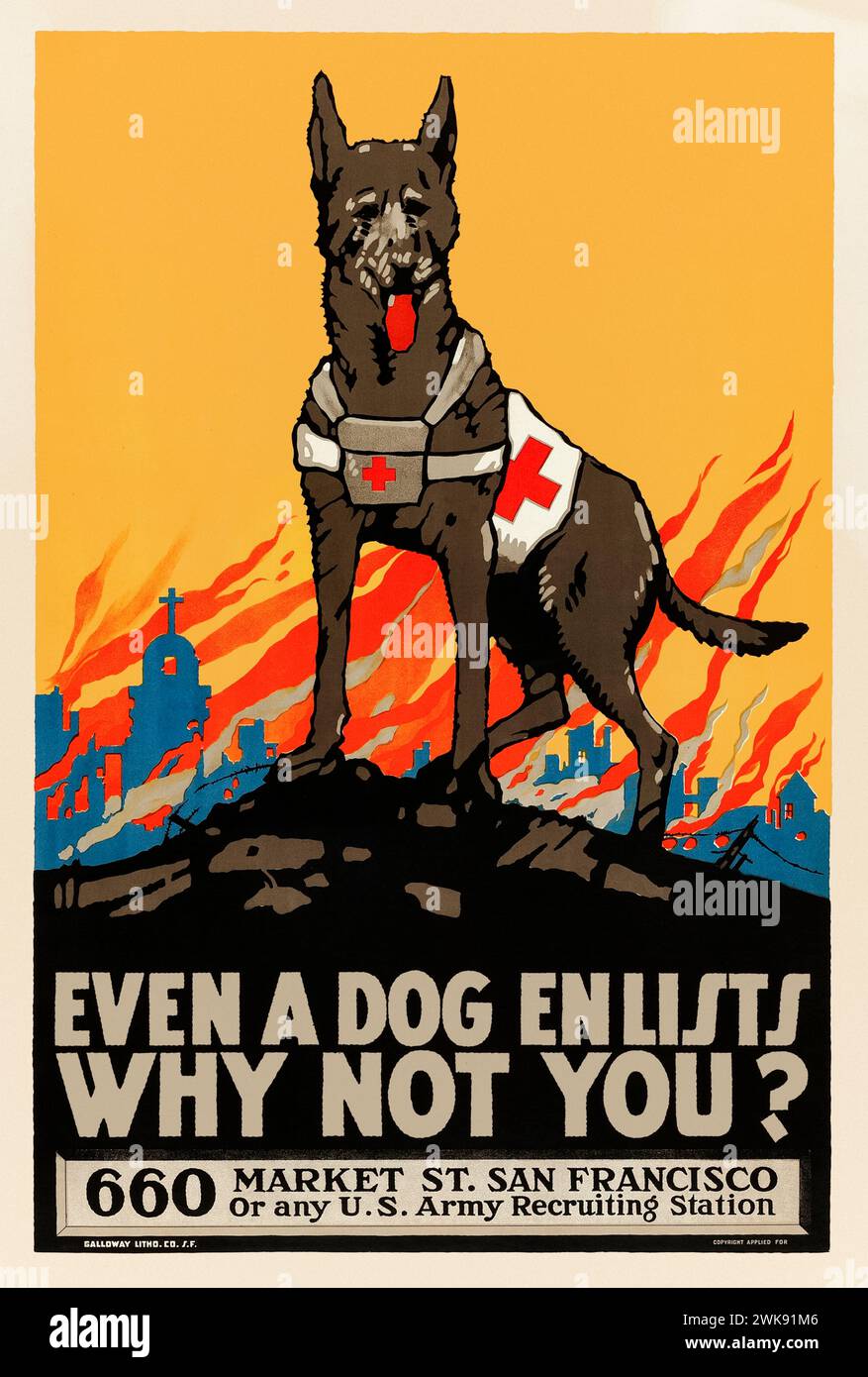 Even a dog enlists, why not you? 1917-18 US Army recruiting poster featuring artwork by Mildred Moody showing a Red Cross rescue dog with a city on fire in the background. Stock Photo