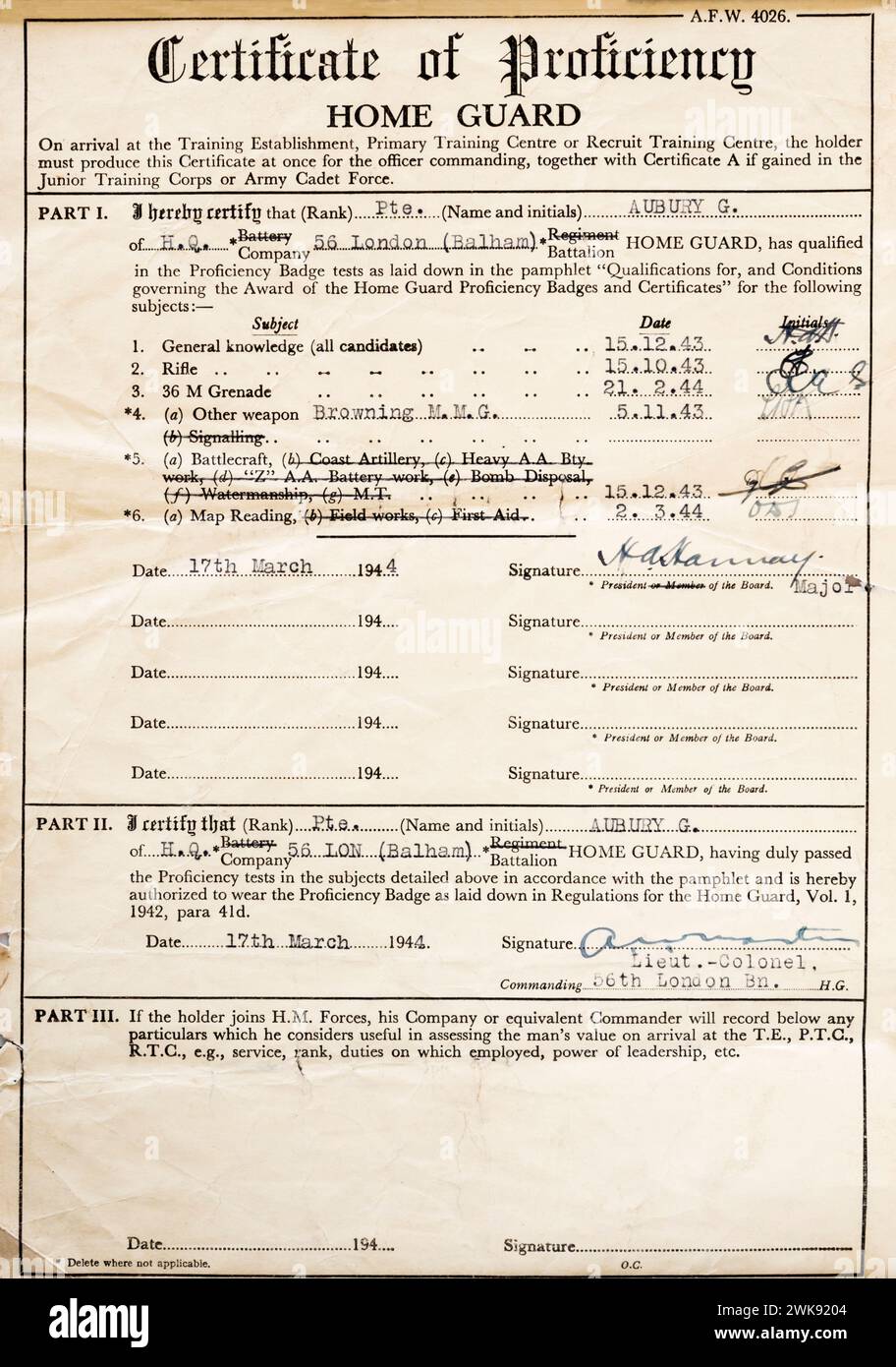 Home Guard Certificate of Proficiency issued in London during the Second World War. Stock Photo