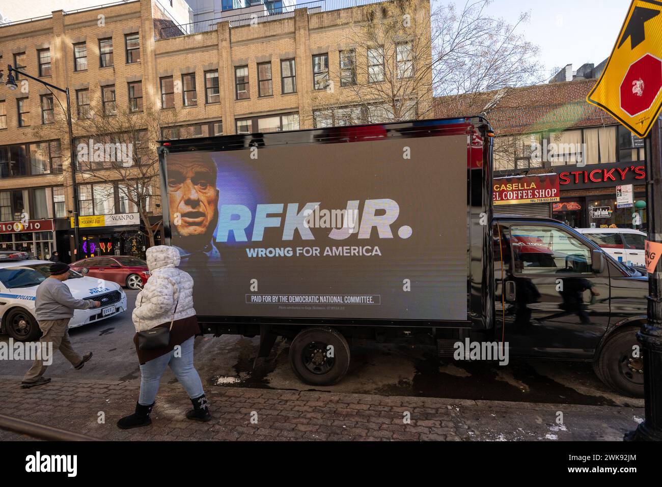 February 17, 2024, New York City, New York, United States: A truck with an LED screen runs an anti-Kennedy message outside Independent presidential candidate Robert F. Kennedy Jr's event with rapper and producer Eric B. at the Brooklyn-based The Gentleman's Factory in honor of Black History Month on February 18, 2024 in New York City. (Credit Image: © Michael Nigro/Pacific Press via ZUMA Press Wire) EDITORIAL USAGE ONLY! Not for Commercial USAGE! Stock Photo