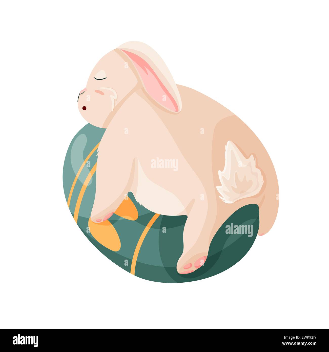 Rabbit sleeps on an egg in cartoon style. Cute bunny for Happy Easter day character design. Vector illustration isolated on a white background. Stock Vector