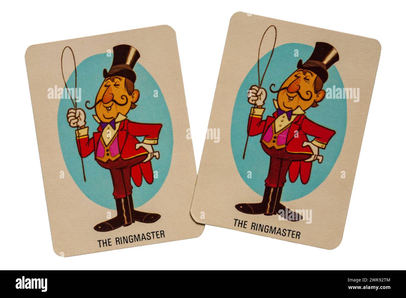 pair of old retro the Ringmaster cards from pack of Donkey playing cards isolated on white background - UK Stock Photo
