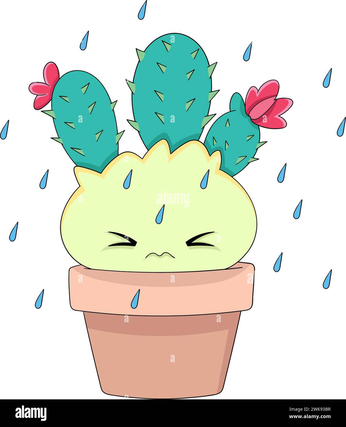 cactus growing in a pot, looking scared because it got rained on