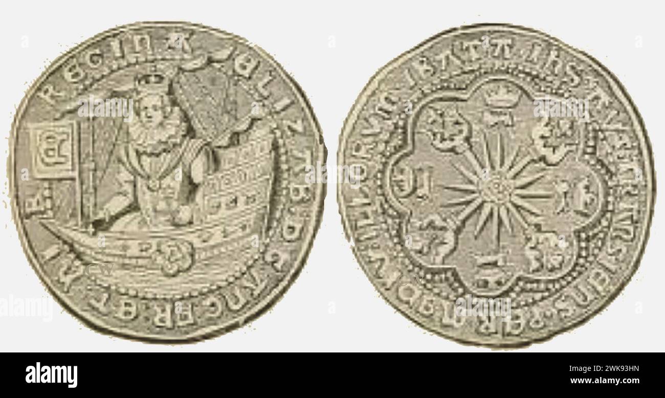 A Spanish real, reale, , rial or royal introduced into Britain as a British coin n 1665 (Elizabeth 1st).   Un real español, reale, rial o real introducido en Gran Bretaña como moneda británica en 1665 (Isabel I). Stock Photo