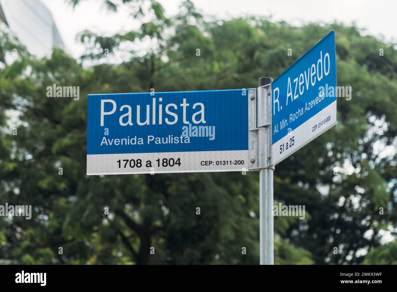 Sao Paulo, Brazil - February 18, 2024 - Street sign at Avenida Paulista in Sao Paulo, Brazil Stock Photo