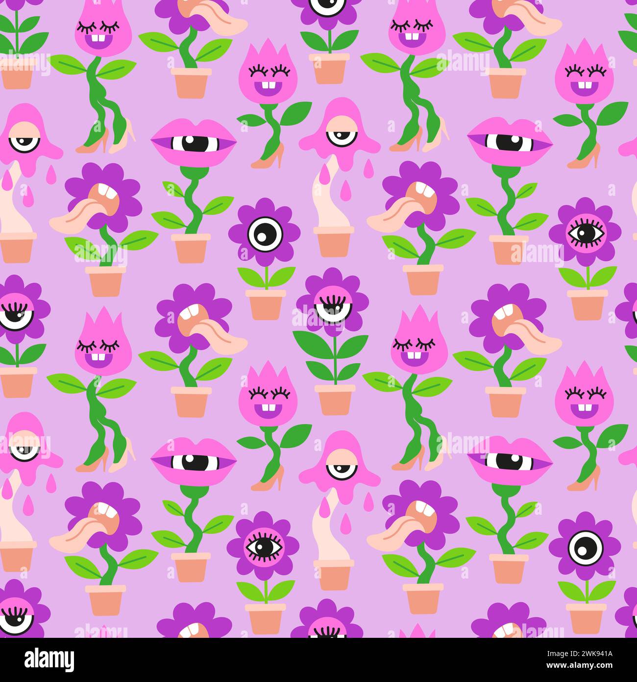 Seamless pattern of home plants. Crazy disco dancing pink and purple flowers in flat cartoon style on purple background Stock Vector