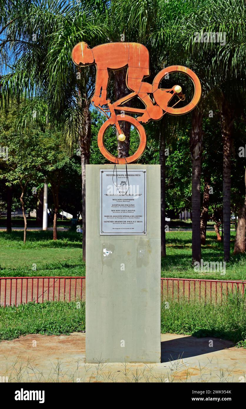 RIBEIRAO PRETO, SAO PAULO, BRAZIL - January 2, 2024: Monument in honor of Matheus Nader Nemer - Bike Stock Photo