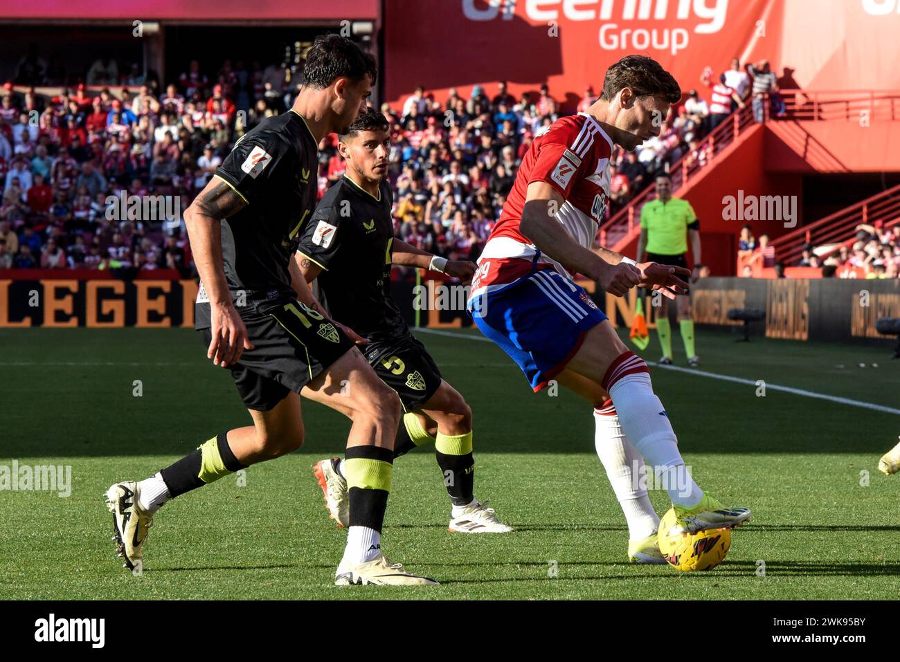 Lucas Boyé of Granada CF protects the ball against Marc Pubil of UD Almería and Lucas Robertone of UD Almería during the Liga match between Granada CF - UD Almería at Nuevo Los Cármenes Stadium on February 18, 2024 in Granada, Spain. (Photo by José M Baldomero/Pacific Press) Stock Photo