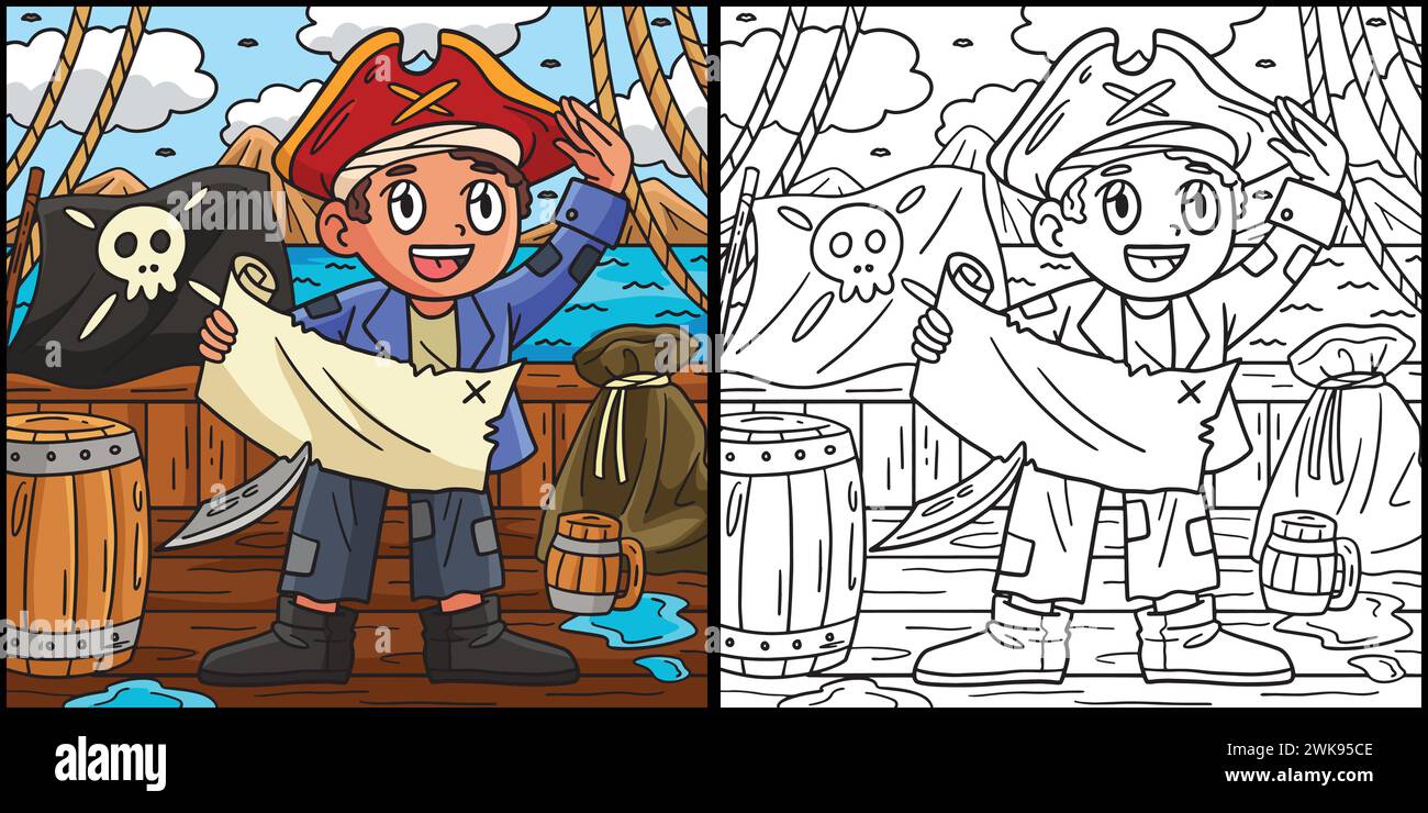 Pirate with Treasure Map Coloring Page for Kids Stock Vector Image \u0026 Art -  Alamy, image size:1300x740