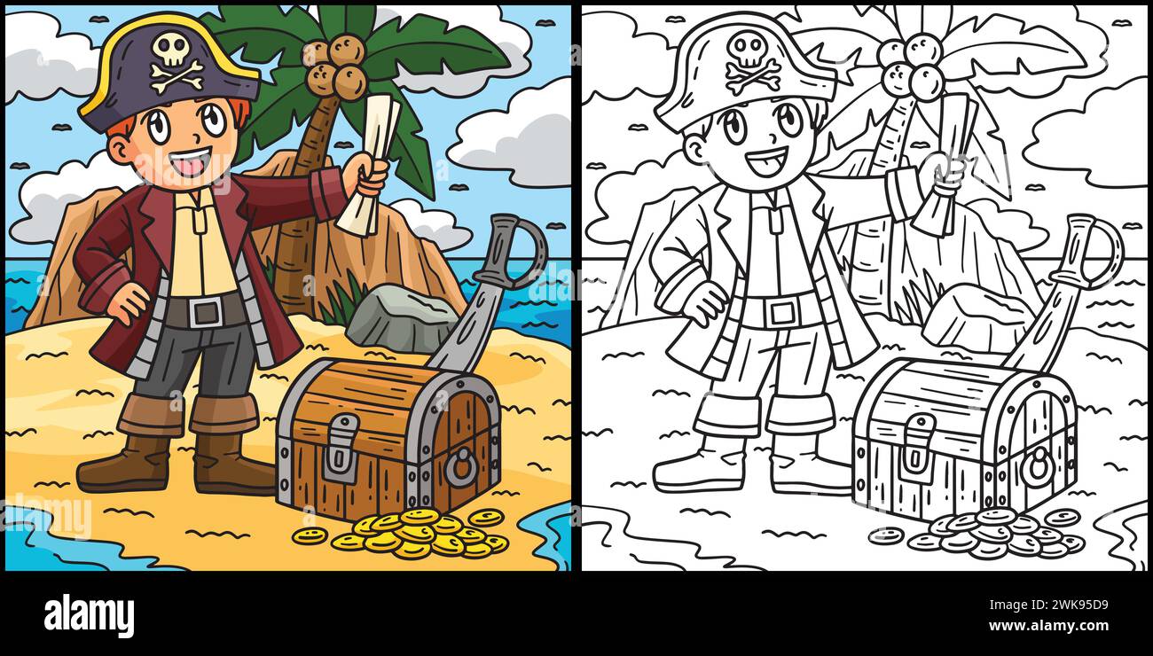 Pirate and Treasure Chest Coloring Illustration Stock Vector Image ...