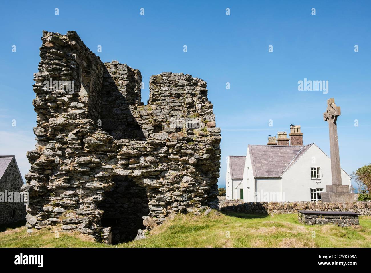 St Mary's Abbey ruins on Ynys Enlli or Bardsey Island, Llyn Peninsula, Gwynedd, north Wales, UK, Britain. The end of North Wales Pilgrims Way Stock Photo