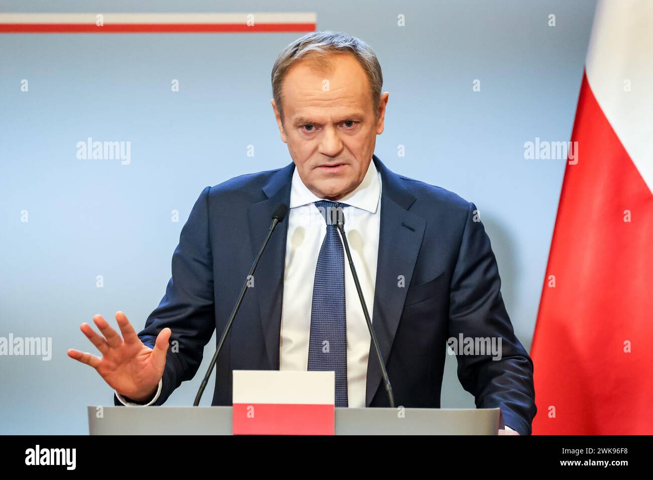 Warsaw, Poland, February 19, 2024. Polish Prime Minister, Donald Tusk speaks to press during a press conference suring a bilateral meeting  with Prime Minister of Sweden, Ulf Kristensson in the PM's Cancellary on Ujazdowska Street in Warsaw, the capital of Poland. The NATO membership of Sweden and regional security issues after the Russian war on Ukraine are on the agenda. Credit: Dominika Zarzycka/Alamy Live News Stock Photo
