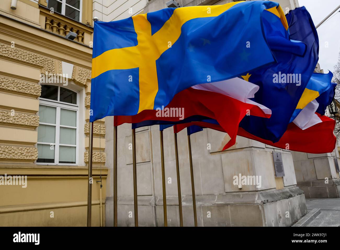 Warsaw, Poland, February 19, 2024.  Polish, Swedish and EU flags are seen as Polish Prime Minister, Donald Tusk meets the Prime Minister of Sweden, Ulf Kristensson for a bilateral meeting in the PM's Cancellary on Ujazdowska Street in Warsaw, the capital of Poland. The NATO membership of Sweden and regional security issues after the Russian war on Ukraine are on the agenda. Credit: Dominika Zarzycka/Alamy Live News Stock Photo