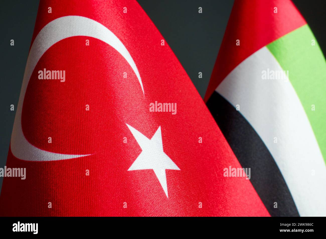 Close-up of Turkey and UAE flags. Stock Photo