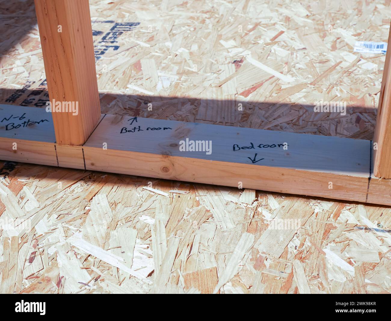 Post beam stud timber framing with marker on OSB sub flooring sheets